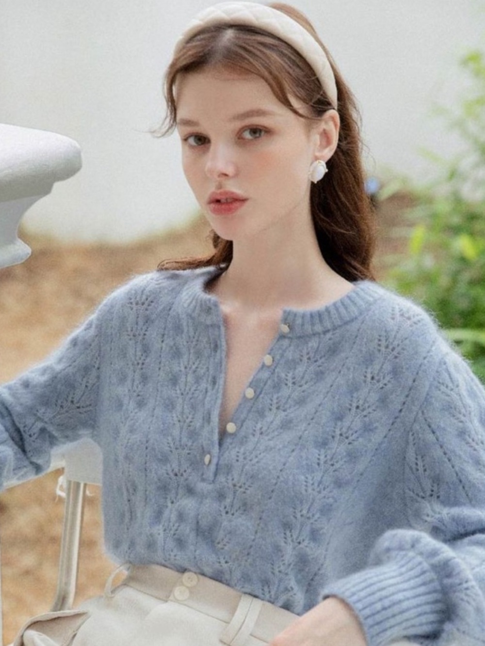 Petite Studio NYC Paisley Mohair Sweater in Dusty Blue Size XS